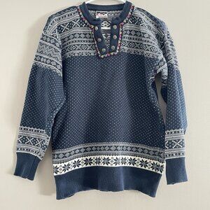 Dale of Norway Sweater Mens Medium Blue White Fair Isle Nordic Pullover Henley